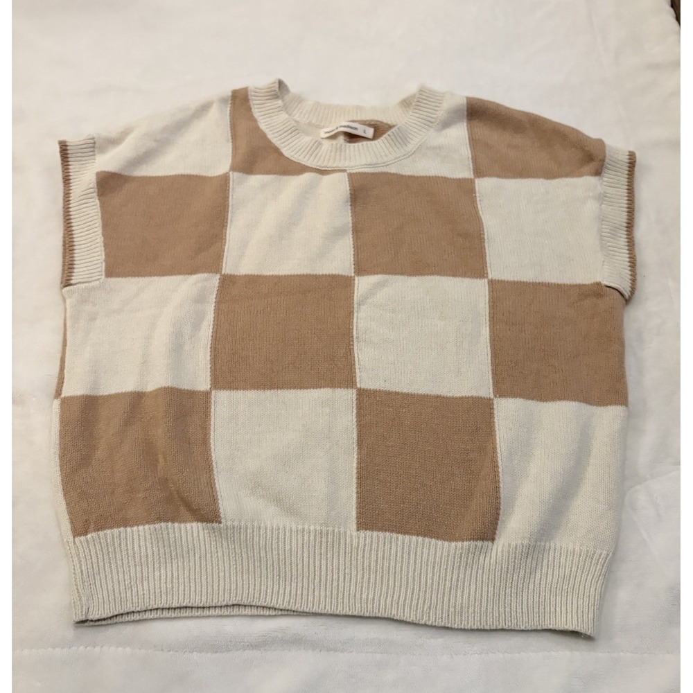 Moon & Madison Beige & Taupe Checkered Knit Crewneck Crop Sweater L Modern Chic